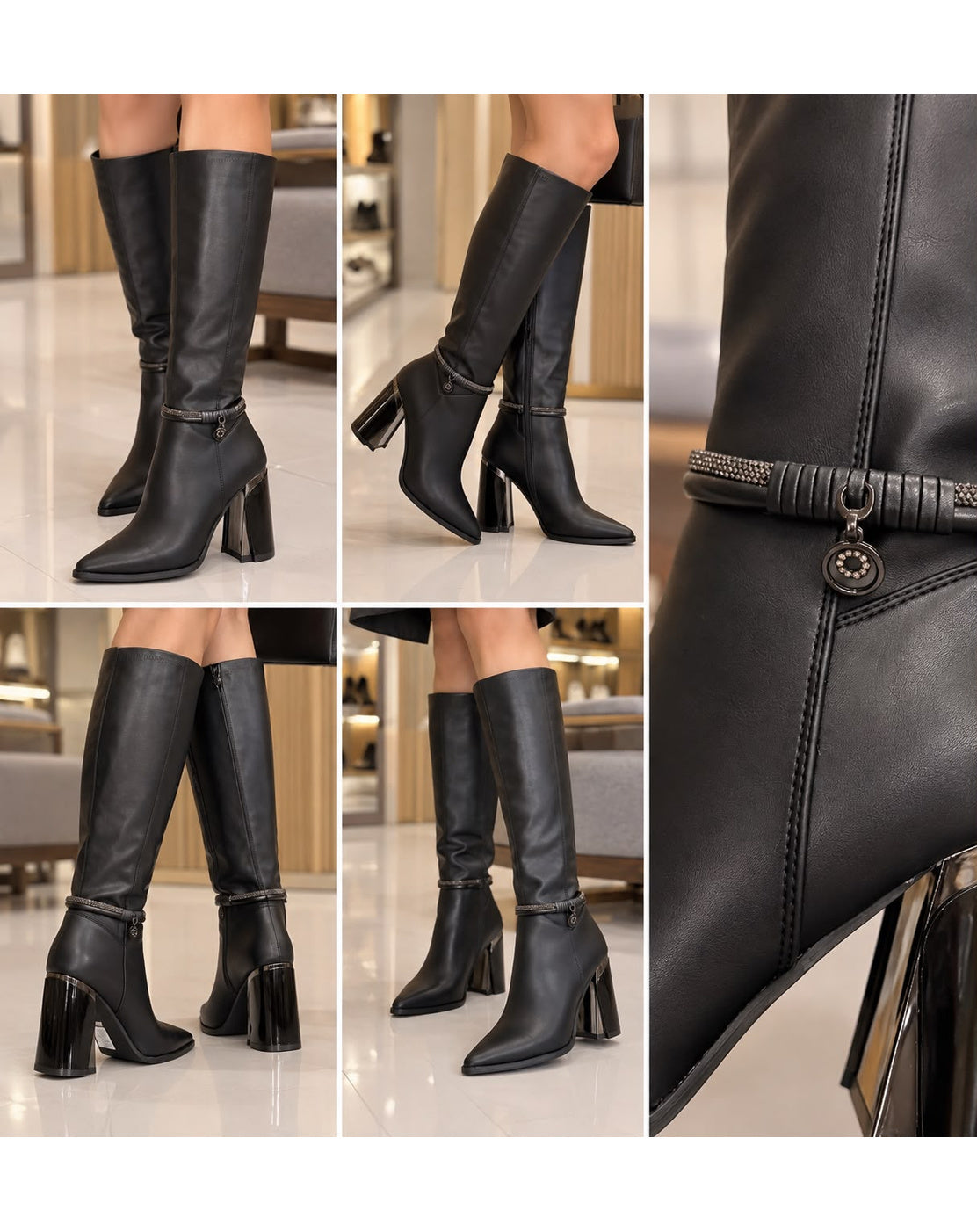 Bota Negra Larga Con Detalle Metálico Tacón Medio