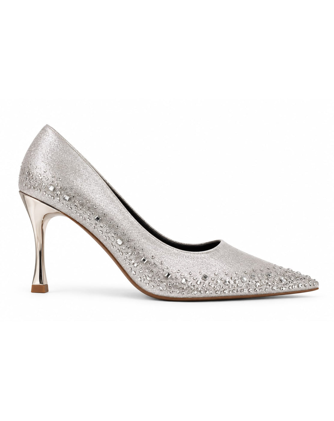 Zapatilla Con Pedrería Puntal Tacón De Aguja Stiletto para Mujer | Plata