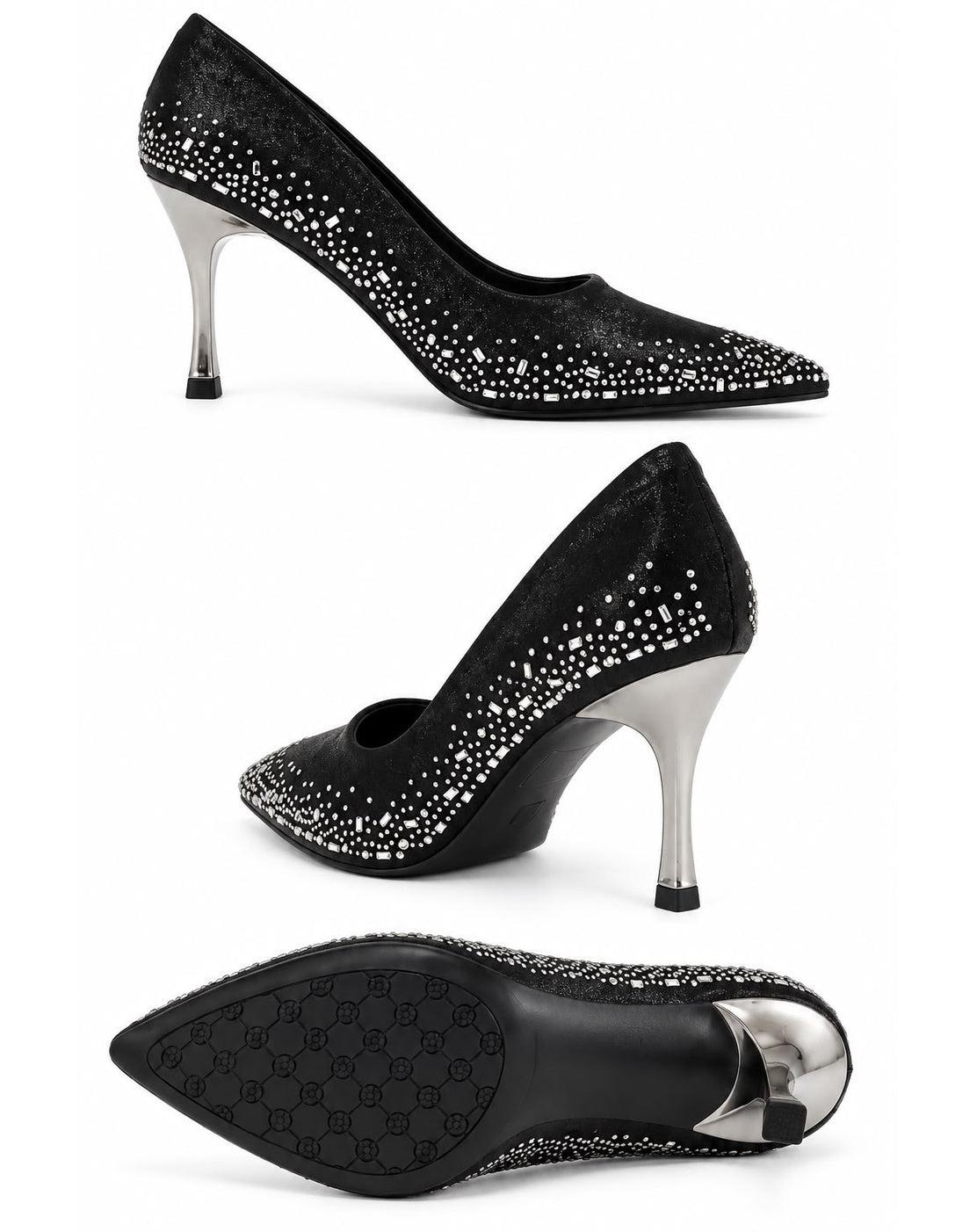 Zapatilla Con Pedrería Puntal Tacón De Aguja Stiletto para Mujer | Negro